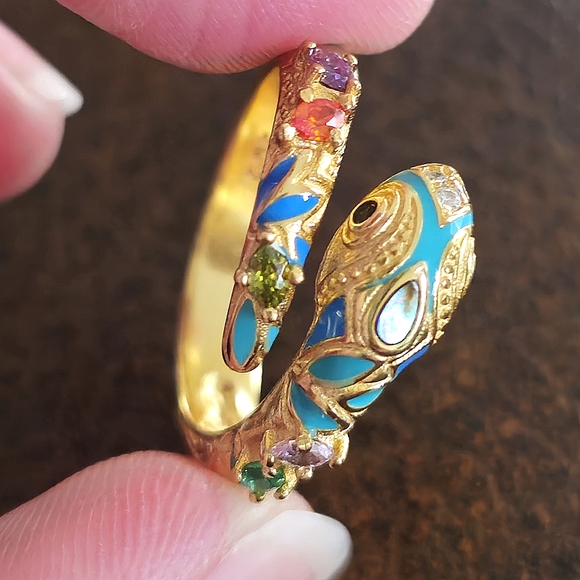 18KT GOLD/925 STERLING SILVER TURQUOISE DIAMOND EMERALD SNAKE ADJUSTABLE RING - Picture 16 of 16